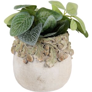 Vaso per fiori Clayre & Eef rilievo foglie di quercia Ø 15x13 cm Beige Verde in pietra