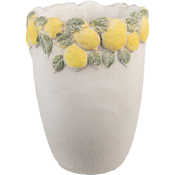 Vaso per fiori Clayre & Eef con decoro limoni in pietra Ø 17x23 cm Bianco Giallo Verde