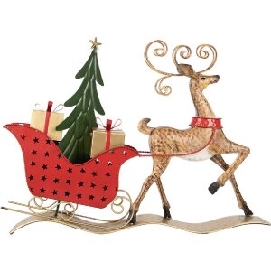 Clayre & Eef 5Y1302 Decorazione Renna con Slitta 68x11x50 cm Marrone e Rosso