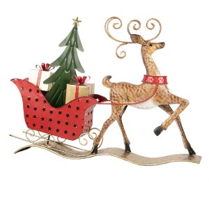 Clayre & Eef 5Y1302 Decorazione Renna con Slitta 68x11x50 cm Marrone e Rosso