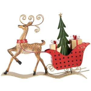 Clayre & Eef 5Y1302 Decorazione Renna con Slitta 68x11x50 cm Marrone e Rosso