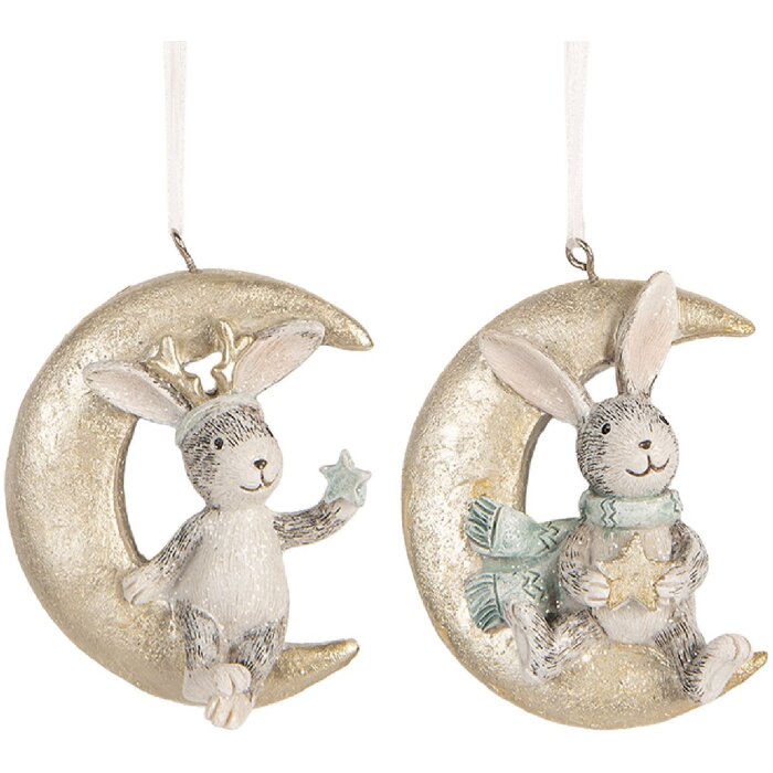 Clayre & Eef 6PR5890 Decorazione Ciondolo Coniglio (Set 2) Grigio e Dorato