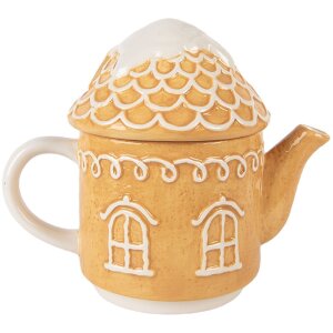 Teiera con tazza in ceramica Clayre & Eef 6CETE0213 Marrone e Bianco