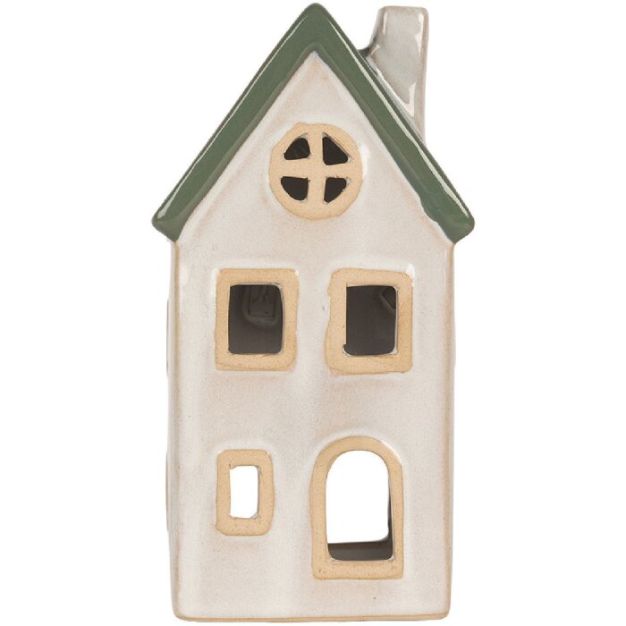 Clayre & Eef 6CE2311 Portacandele a forma di casa Beige Verde 9x8x18cm