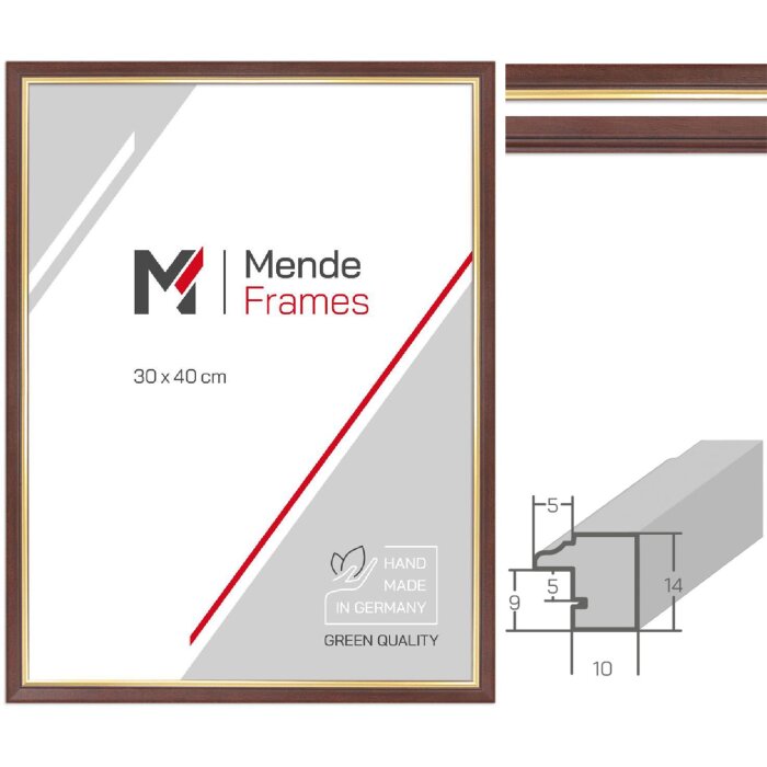 MendeFrames H007 Cornice in Legno Massello Noce con Bordo Dorato diverse dimensioni