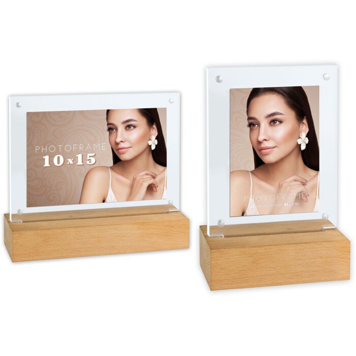 Cornice per foto in acrilico ZEP "New York" con LED e piedino in legno 10x15 cm o 13x18 cm