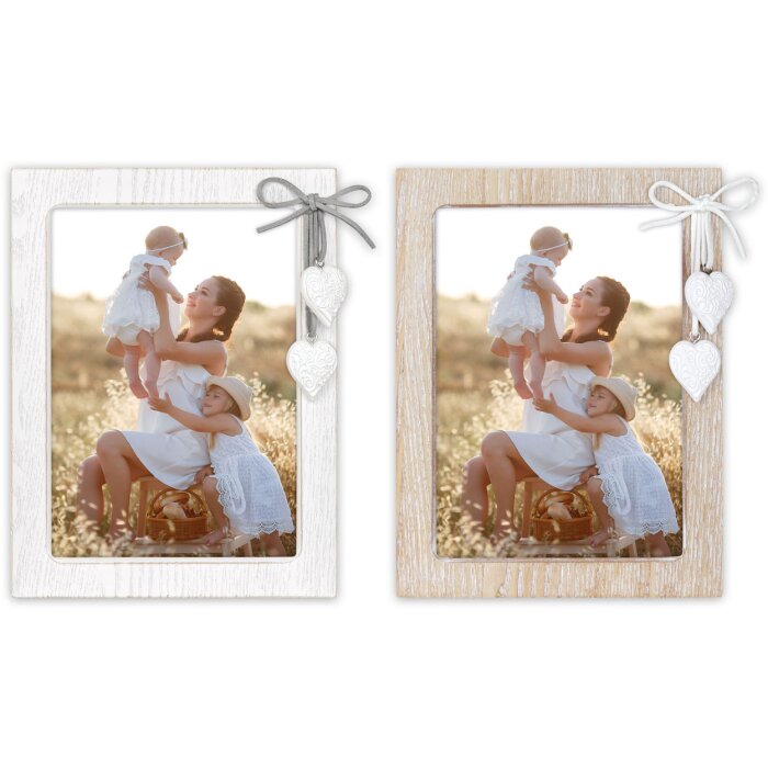 Cornice in legno Ellen Bianca o Naturale 10x15, 13x18, 15x20 cm con Cuore e Fiocco