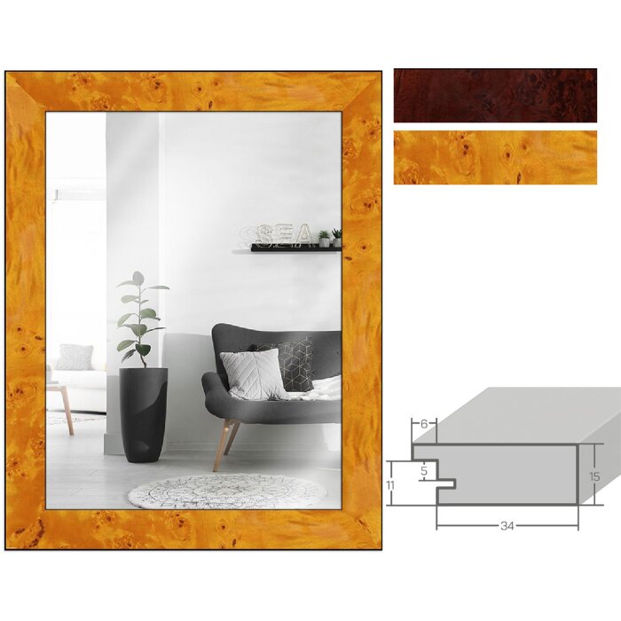 Specchio da parete in legno MendeFrames H14E Decorazione Radica Chiaro (097) o Scuro (098) 13x18 fino a 70x100 cm