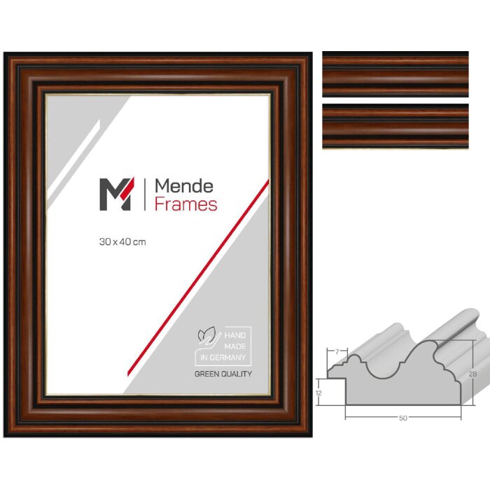 MendeFrames H017 Cornice in Legno Noce con Bordo Dorato 57mm Molti Formati Disponibili