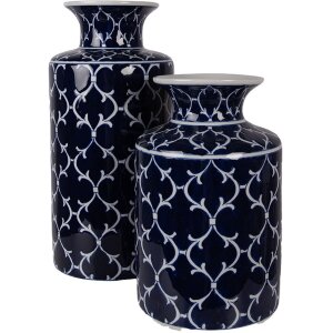 Vaso in ceramica Clayre & Eef Ø 19x31 cm Blu scuro con decoro bianco