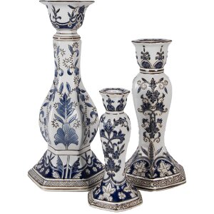 Portacandele in porcellana Clayre & Eef Ø 18 cm x H 36 cm Bianco-Azzurro