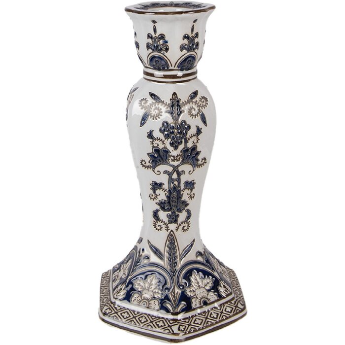 Portacandele in porcellana Clayre & Eef Ø 15x28 cm Bianco-Blu