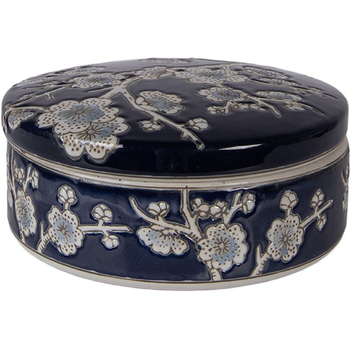 Scatola per gioielli in ceramica Clayre & Eef Blu e Bianco con motivo floreale Ø 18x8 cm