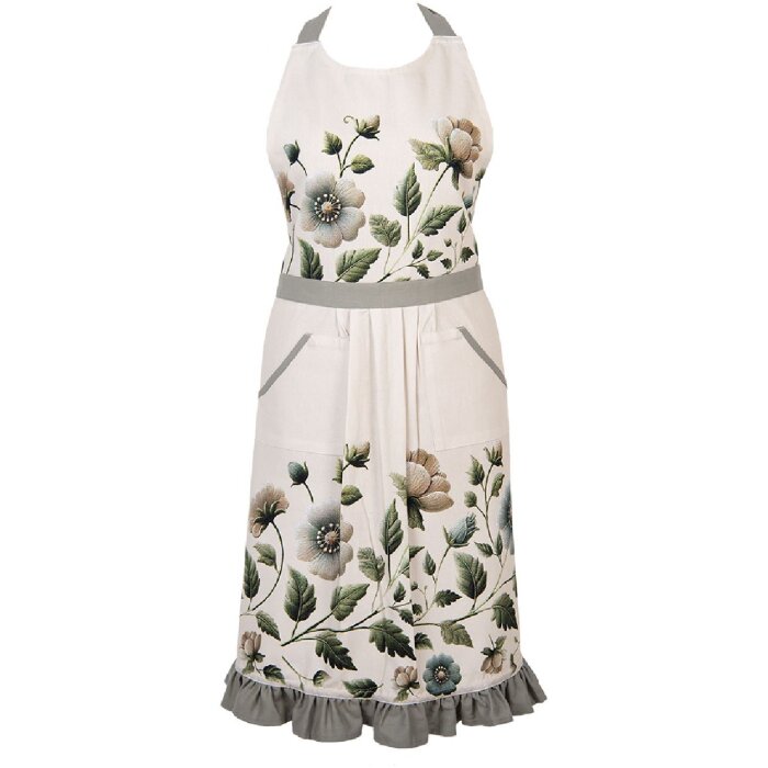 Sciarpa da cucina Clayre & Eef GTB41A 70x85 cm cotone beige con fiori verdi e volant