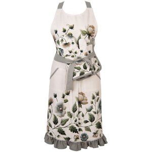 Sciarpa da cucina Clayre & Eef GTB41A 70x85 cm cotone beige con fiori verdi e volant