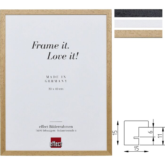 Cornice per foto Effect profilo 2330 in legno massiccio con profilo a cassetta, disponibile in Nero, Naturale e Bianco, formati da 7x10 cm a 50x70 cm