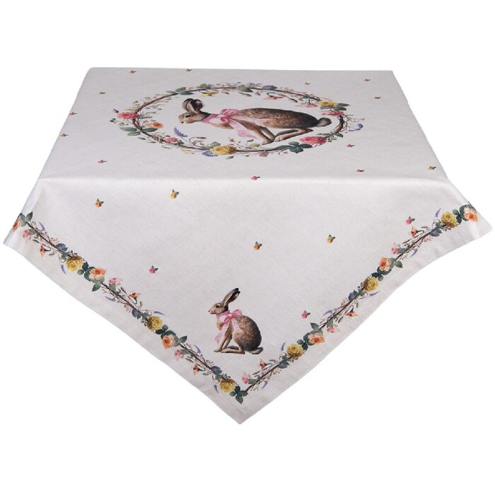 Tovaglia da tavolo Clayre & Eef EWC01 100x100 cm in cotone con motivo conigli e fiori per primavera e Pasqua