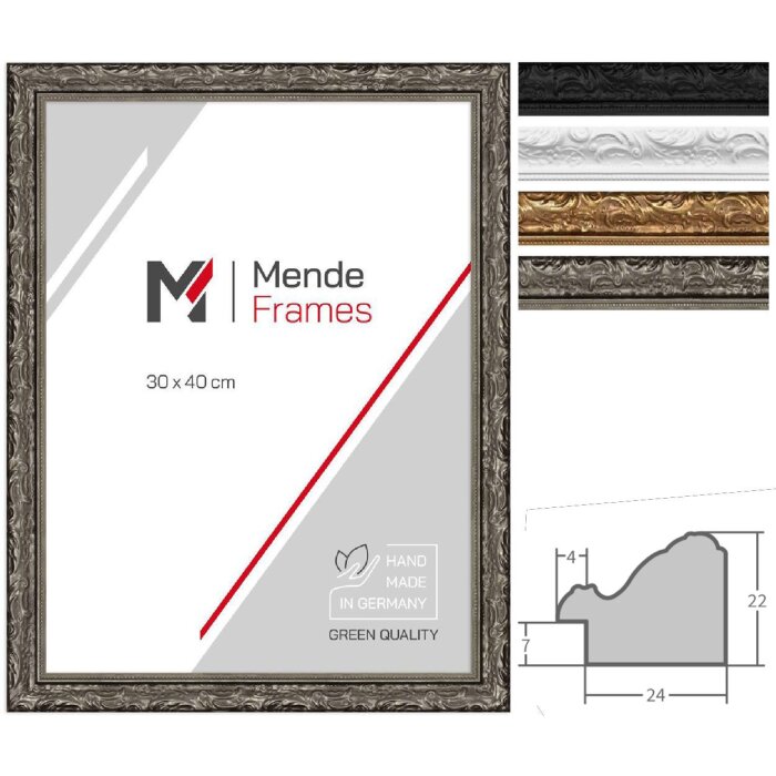 Cornice per foto Barocca MendeFrames H530 in legno vero 2,8 cm Bianco Nero Oro Argento 13x18 fino a 50x70 cm