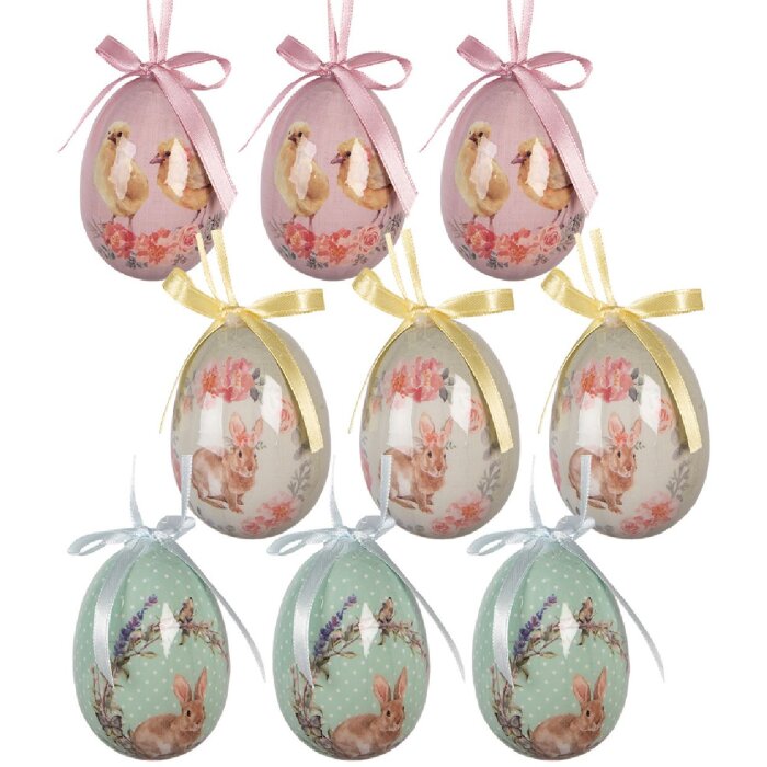 Decorazione a sospensione uovo Clayre & Eef Set da 9 pezzi Verde Rosa Ø 5x8 cm