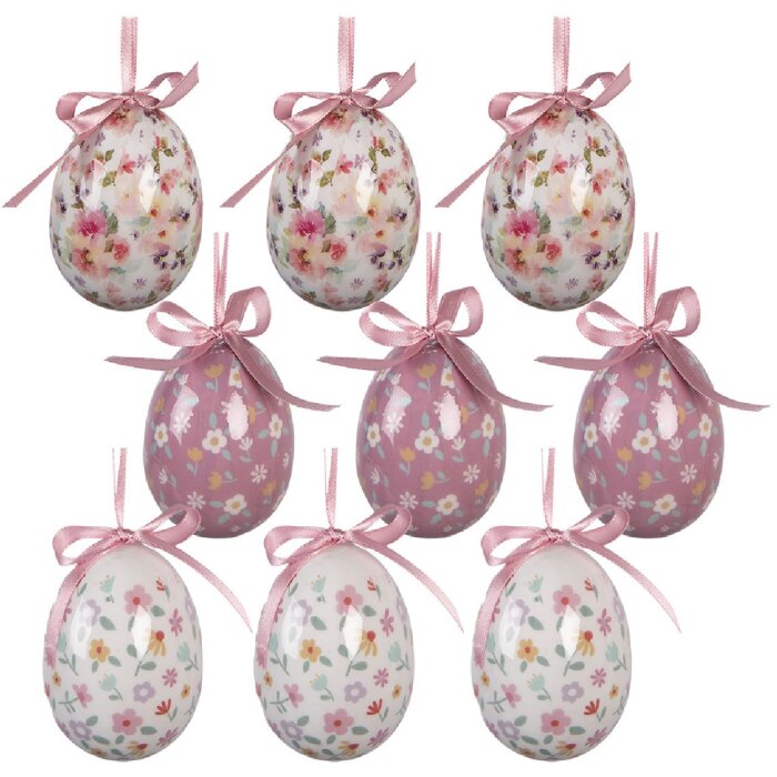 Decorazione a sospensione a forma di uovo Clayre & Eef Set da 9 bianco e rosa Ø 5x8 cm