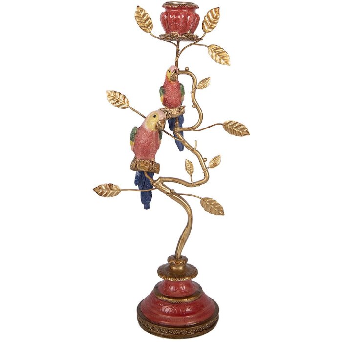 Supporto per candele Clayre & Eef Uccelli Oro Rosso 16x9x33 cm
