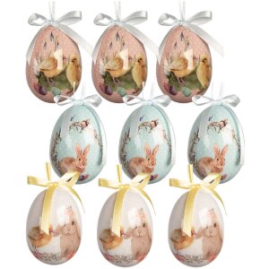 Set di 9 decorazioni a sospensione a forma di uovo Clayre & Eef blu-bianco Ø 5x8 cm