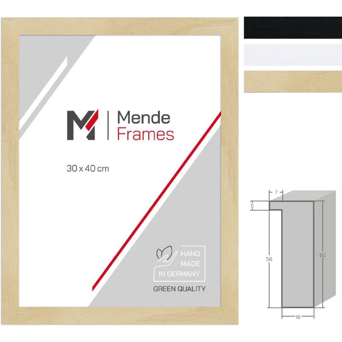 Cornice in legno massiccio MendeFrames H980 con profondità di inserimento 55 mm, colori naturale, bianco e nero, formati da 20x20 cm a 70x100 cm
