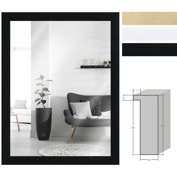 Specchio da parete MendeFrames H980 in legno massello Nero Naturale Bianco 20x20 fino a 70x100 cm