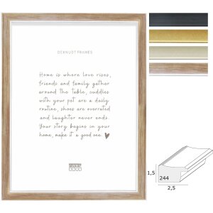 Cornice per foto Deknudt S244 in polistirolo con finitura legno e vetro trasparente, disponibile in oro, argento, bronzo o nero con bordo argento, formati 10x15, 13x18, 15x20, 18x24, 20x30, 21x29,7, 30x40 cm