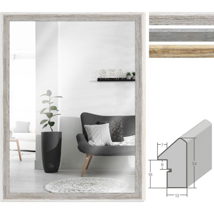 MendeFrames H790 Wandspiegel Strandhaus Weiß Grau Natur 10x10-70x100