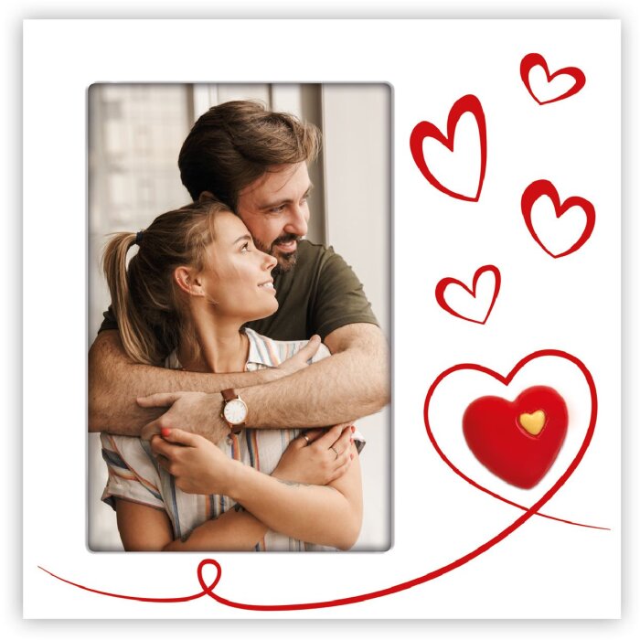 Cornice per foto Roberta 10x15 cm formato verticale bianco con cuori e supporto da appoggio