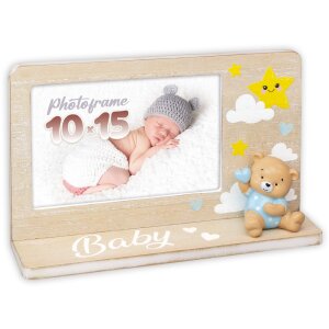 Cornice per foto in legno ZEP Teodoro blu 10x15 cm per neonati con decorazione a tema orsetto