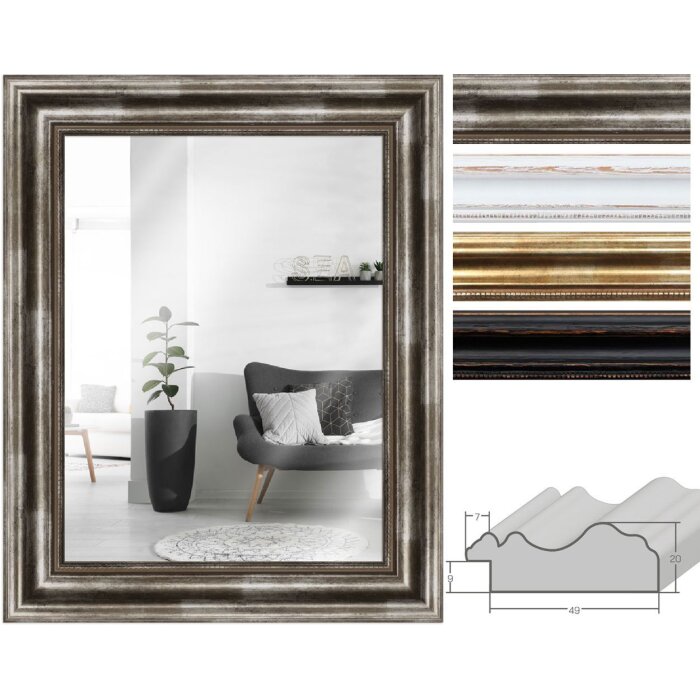 Specchio da parete MendeFrames H550 Antico in legno massello Argento Oro Nero Bianco 20x30 fino a 70x100 cm