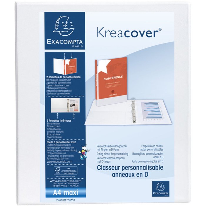 Raccoglitore ad anelli in robusto PP da 2,8 mm con 4 anelli da 40 mm a forma di D e dorso da 67 mm, 2 manicotti esterni e 2 interni, copertina in Krea, DIN A4 extra large Bianco