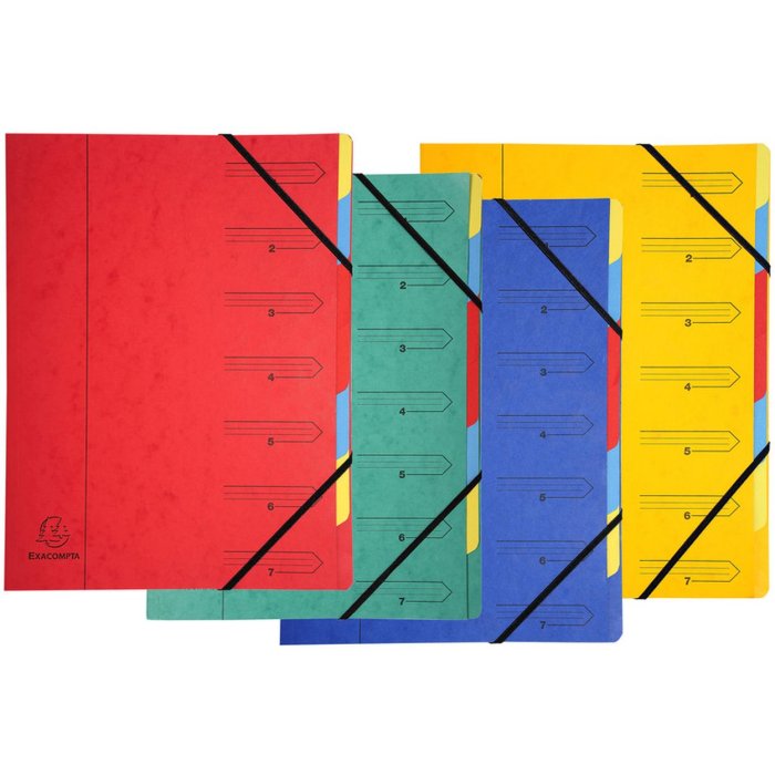 Organizzatore in cartone Manila 400g pinzato con 7 scomparti e banda elastica, per formato din a4 colori assortiti