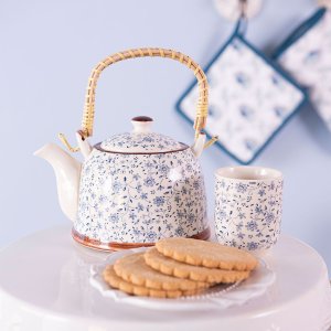 Teiera Ø 14x14 cm Ceramica Fiori Blu