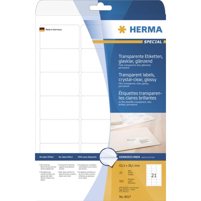 Etichette HERMA trasparenti cristalline A4 63,5x38,1 mm trasparenti lucide 525 pz.
